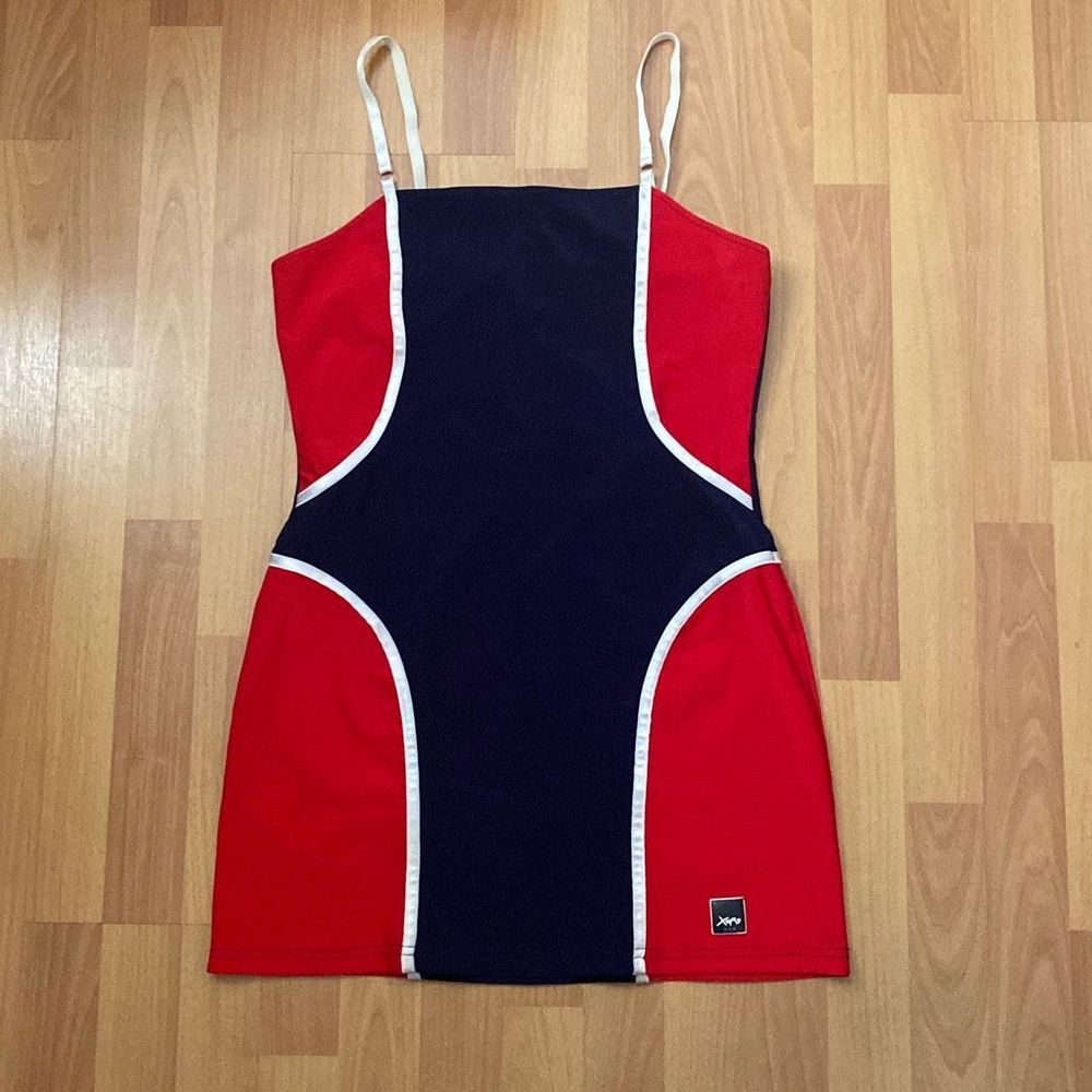 Vintage Rare 80s Xers Bodycon Jersey Dress Red Blue White Women XL Made in USA